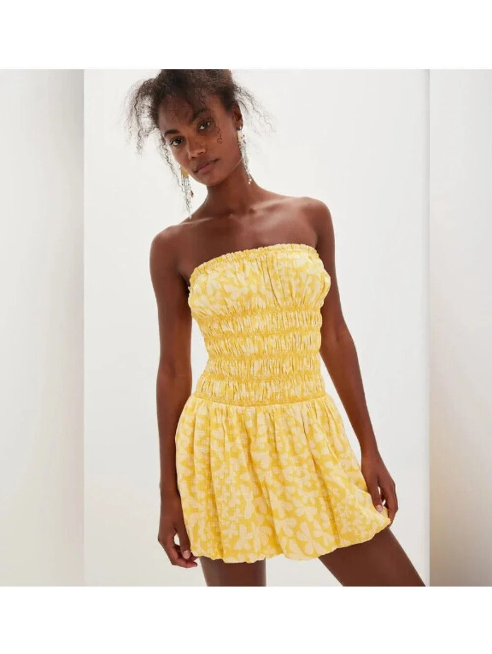 NWT Free People Annalise Mini Dress Bubble Hem Yellow Floral Size S  $109msrp